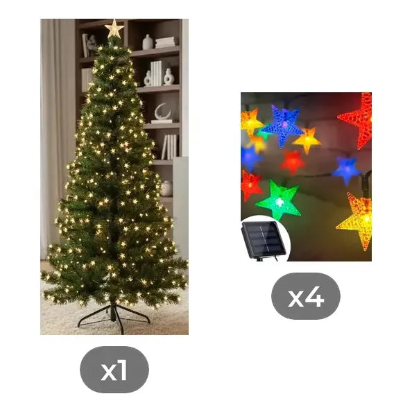 Kit Navidad: Árbol Verde Con Luces Cálidas Y Estrella 170cm + 4 Guirnaldas Estrellas Led Solar Multicolor