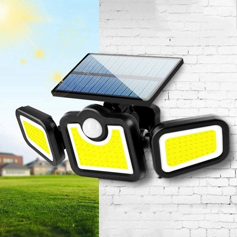 Foco Led Solar 3 Cabezas Giratorias Sensor Movimiento 103led Negro