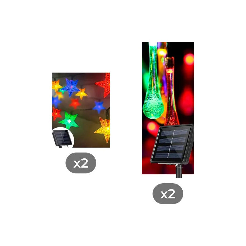 Kit Navidad: 2 Guirnaldas Estrellas Led Solar Multicolor + 2 Guirnaldas Gotas Led Solar Multicolor