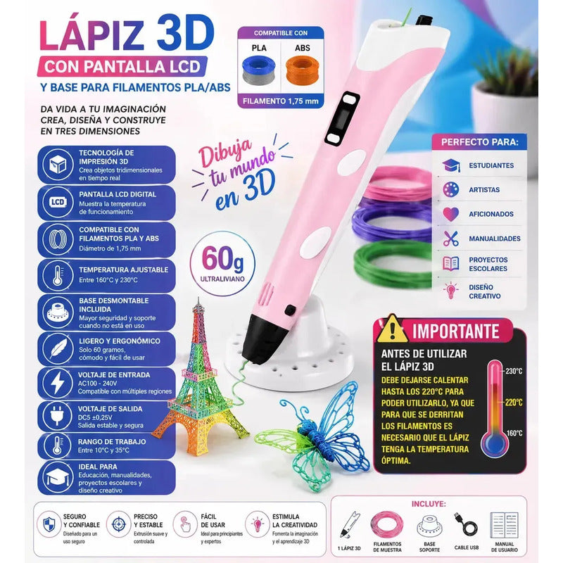 Lápiz De Impresión 3d Recargable + 20 Filamentos Variados