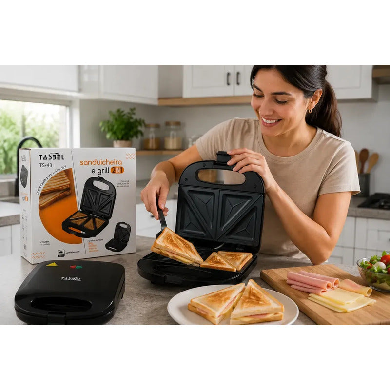Sandwichera Eléctrica 1200w 2 Sándwiches Antiadherente Grill Tostador Compacto Fácil Limpieza Placas Selladas Cocina Rápida Desayunos Snacks Hogar Negro