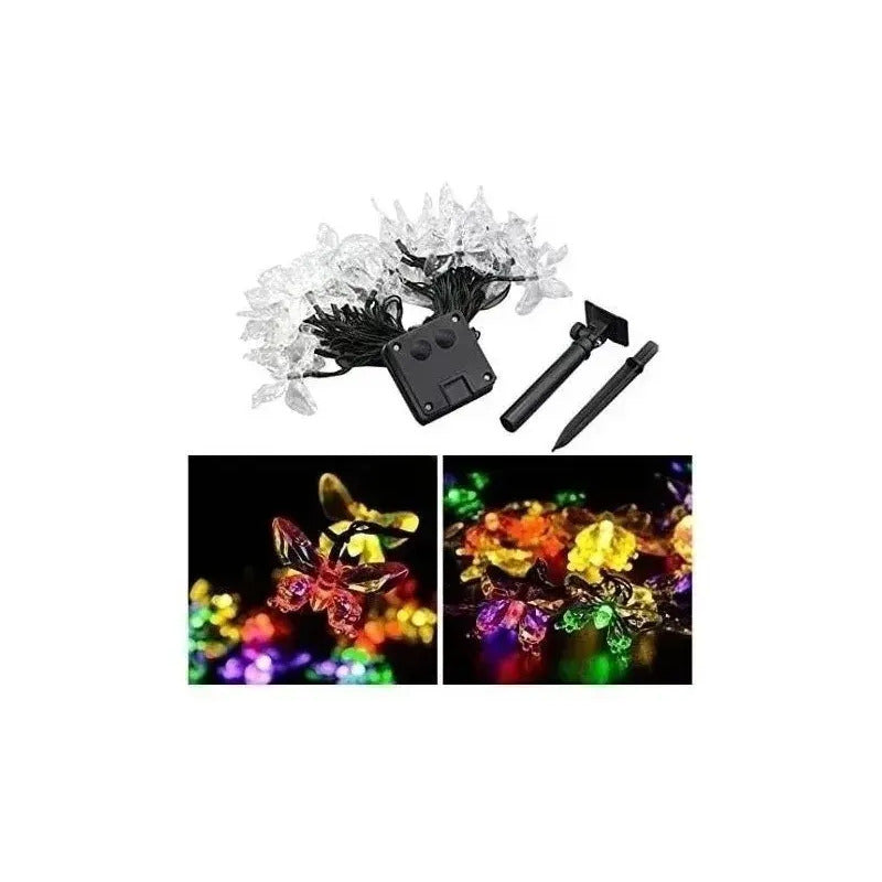 Kit Iluminación Solar: 2 Guirnaldas Mariposa Led 5m Multicolor + 2 Tubos Lluvia Meteoritos Blanco Cálido