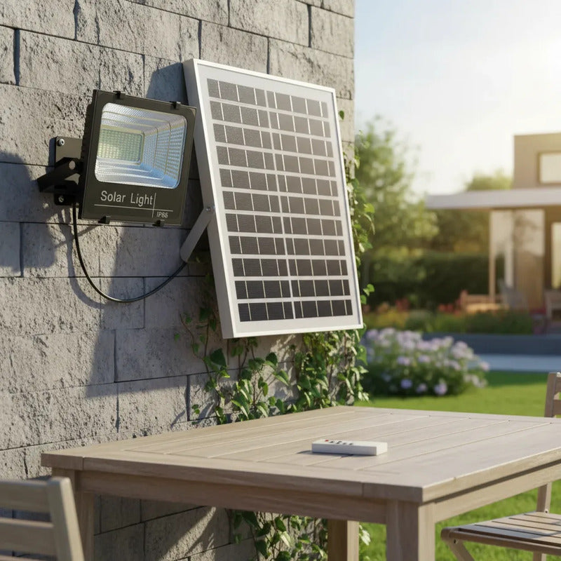 Foco Solar Led + Panel Solar Y Control Remoto 800w Exterior Negro Blanco Frío