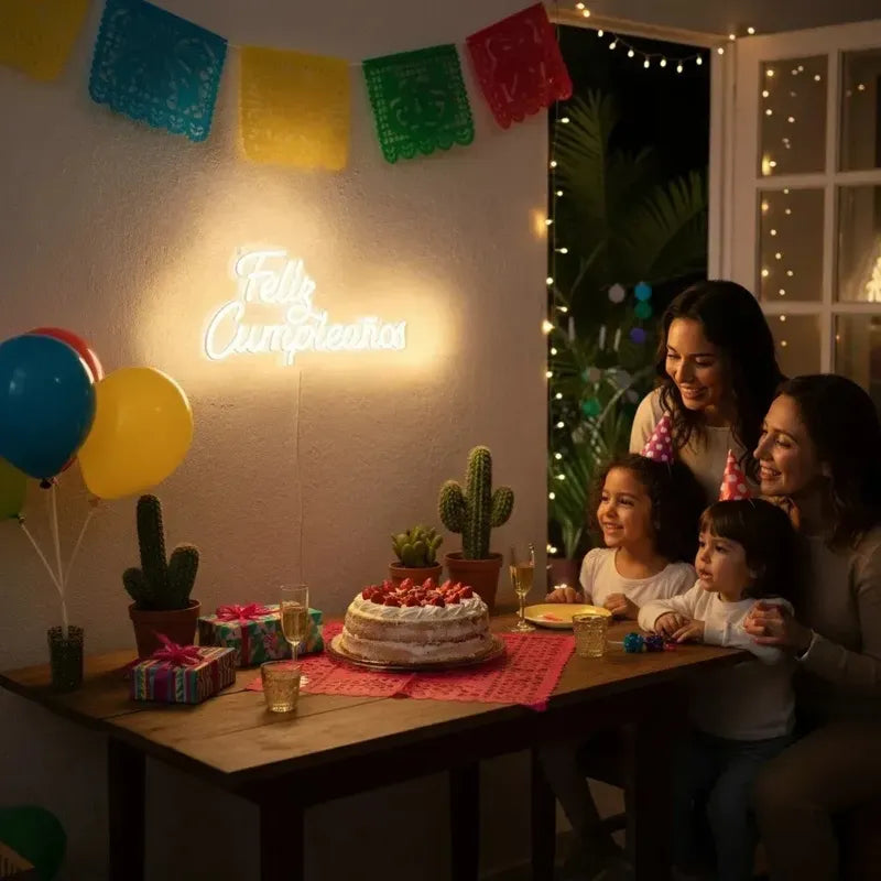 Letrero Neón Feliz Cumpleaños Decorativo Luminoso Luz Led Blanco