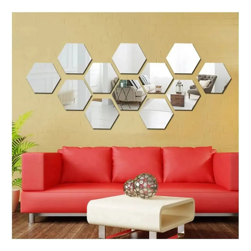 Set X6 Pegatinas Espejos Acrilicos Pared Adhesivo Hexagonal Espejo