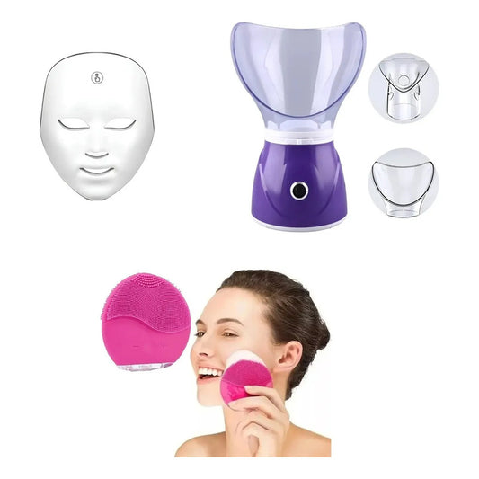 Kit Facial Spa: Máscara Terapia Led 7 Colores + Limpiador Exfoliante Vibrador Rosa + Sauna Vapor