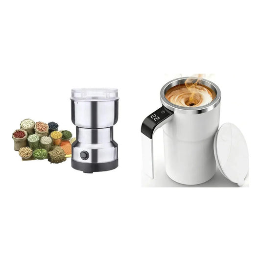 Kit Café Pro: Molinillo Eléctrico Plateado + Taza Mezcladora Auto Agitable Térmica Blanca