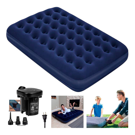 Colchón Inflable 2 Plazas + Bomba De Aire Portátil Azul