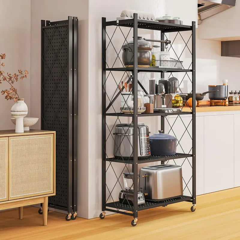 Estanteria Plegable Metalica 5 Estantes Con Ruedas Rack Negr Negro