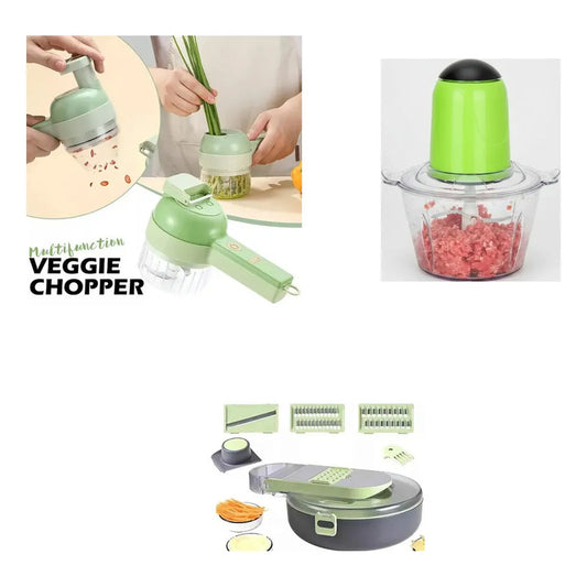 Kit Cocina: Cortador Triturador Eléctrico Verde + Picador 10 En 1 Multiuso + Picador Eléctrico Blanco