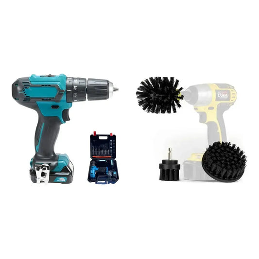 Kit Multiuso: Taladro Atornillador Inalámbrico Recargable Azul + Cepillos Taladro Cocina Baño Amarillo