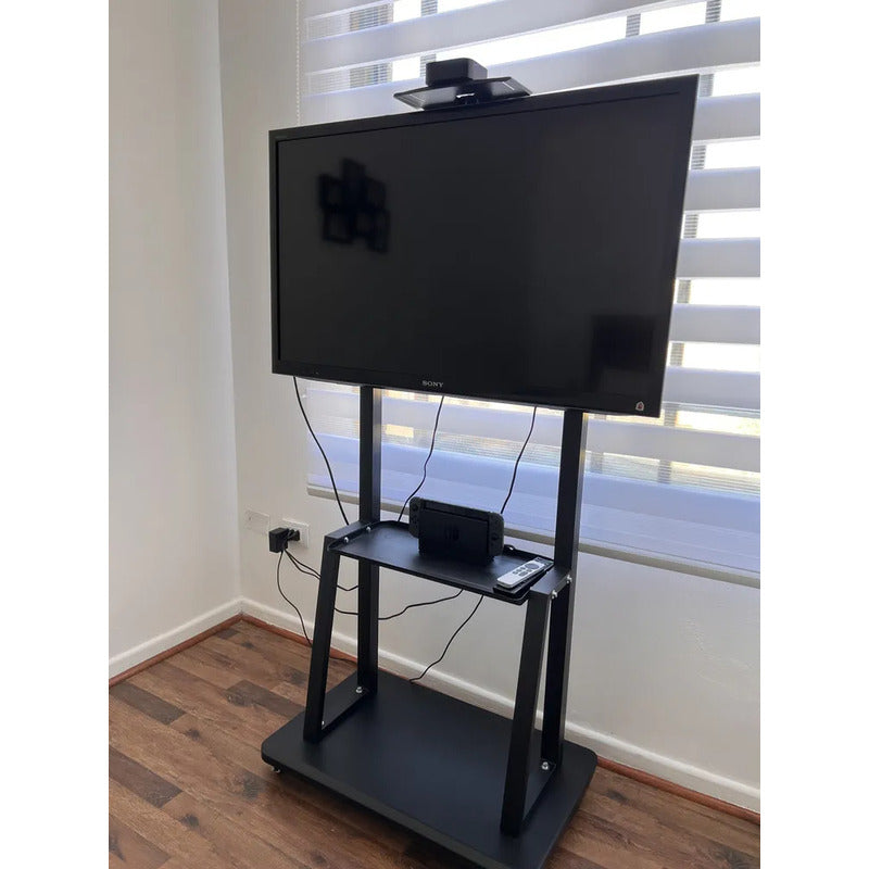 Soporte Madera Tv Movil Con Ruedas 32 A 70 Base Pedestal Negro