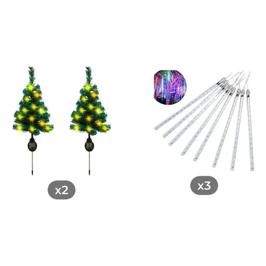 Kit Navidad Solar: 2 Estacas Árbol Luz Cálida + 3 Guirnaldas Tubo Led Blanco Cálido