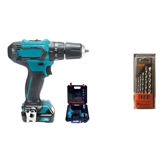 Kit Herramientas: Taladro Atornillador Inalámbrico Recargable Azul + Set 10 Brocas Para Concreto