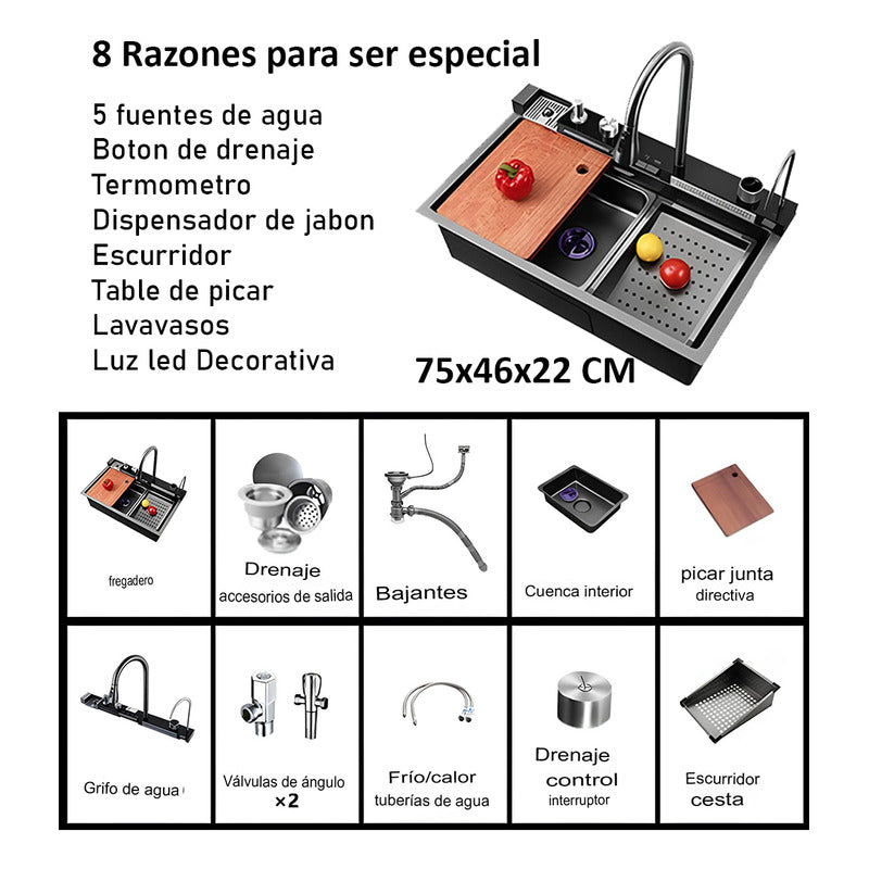 Lavaplatos Fregadero Digital Led, 7 Modos De Agua, Acero Inoxidable, Multifuncional, Cascada, Lavavasos, Termómetro,... Negro