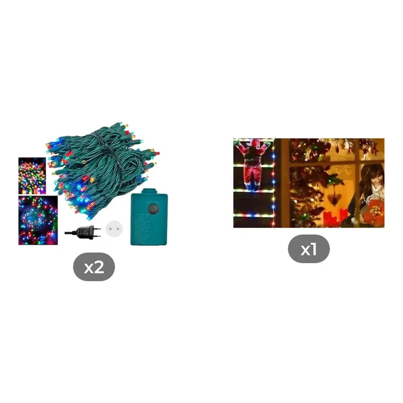 Kit Navidad: 2 Guirnaldas 100 Led Multicolor 10 M + Escalera Viejito Pascuero Solar 1,60 M