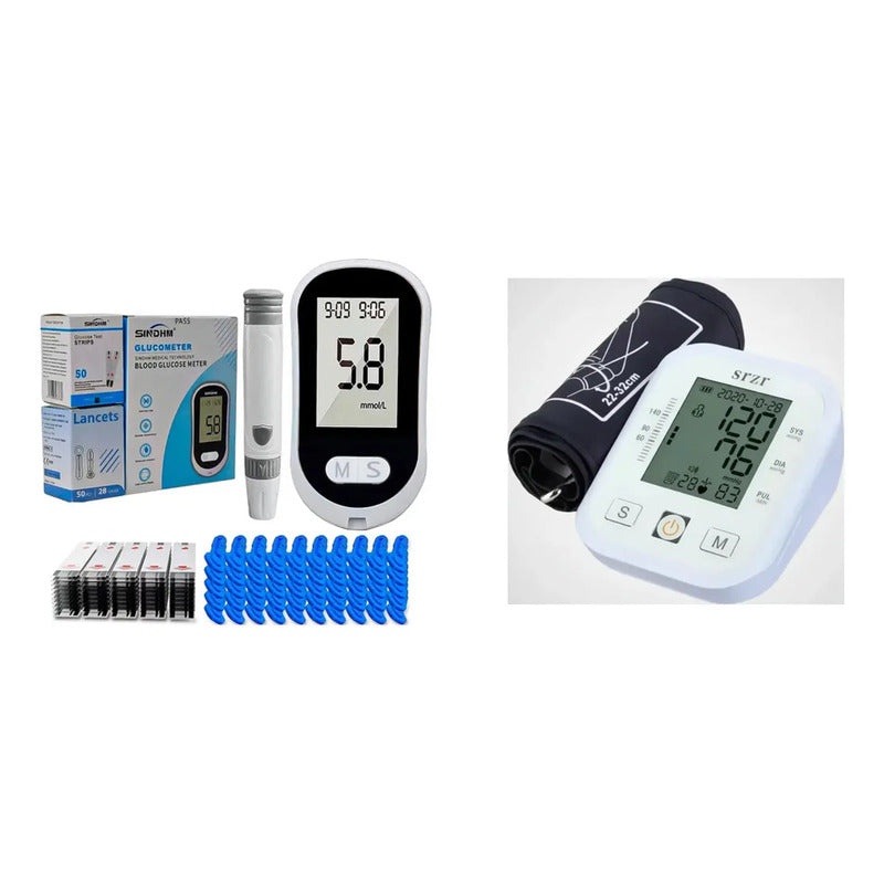 Kit Salud Digital: Glucómetro Digital 50 Tiras Lancetas Gris + Tensiómetro Brazo Usb/batería Blanco