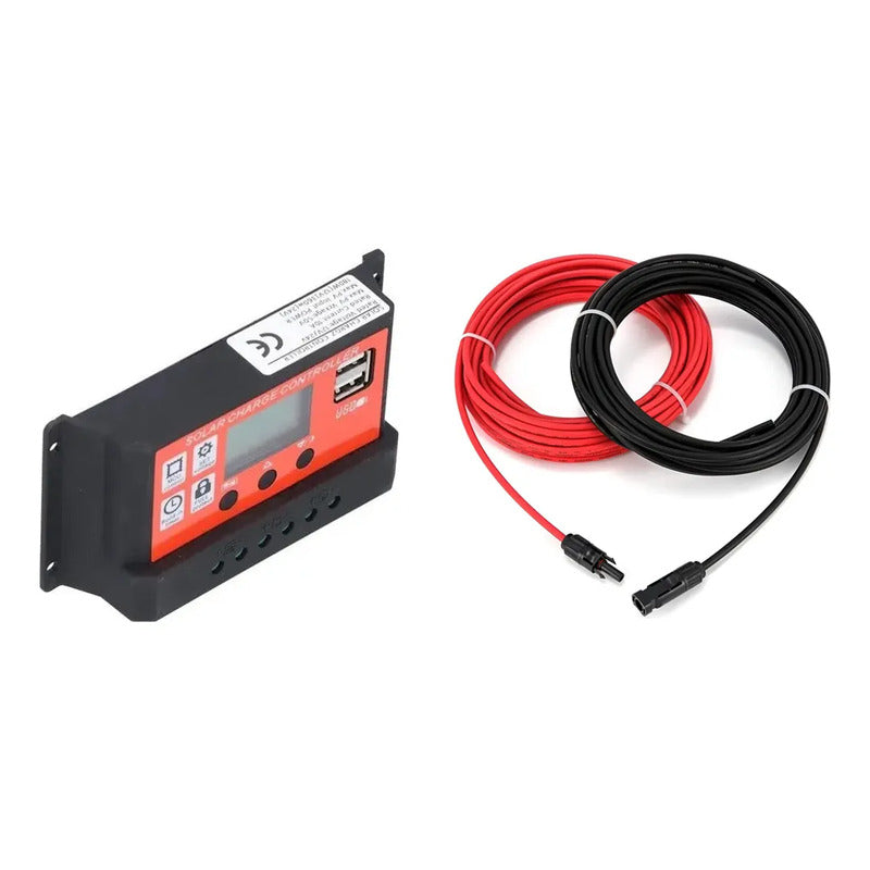 Kit Solar: Regulador Controlador Carga Solar 20a 12v/24v Lcd + Cable Fotovoltaico 4mm 10m Rojo/negro