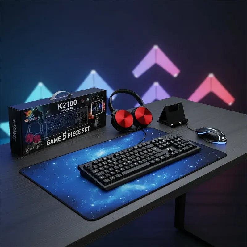 Kit 5 Pzs Gamer Teclado Mouse Headset Soporte Telf Mousepad Negro