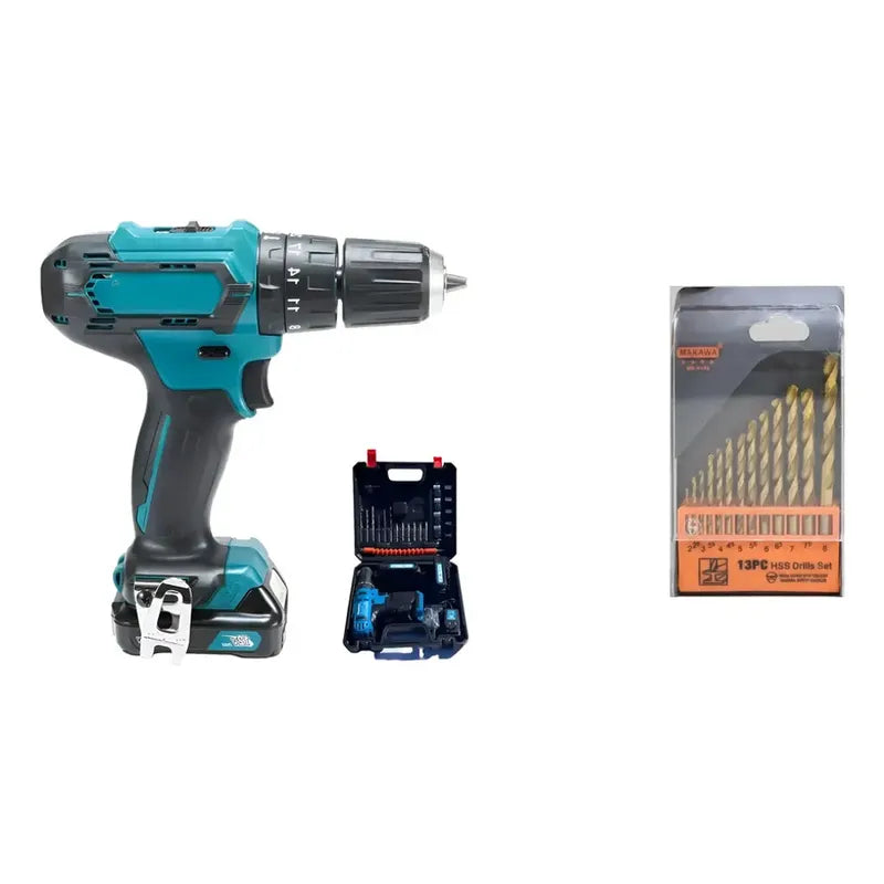 Kit Herramientas: Taladro Inalámbrico Atornillador Recargable Azul + Pack X2 Brocas Metal 13pz