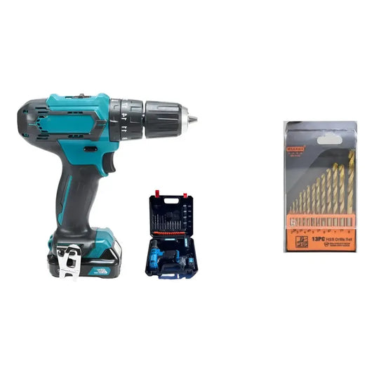 Kit Herramientas: Taladro Inalámbrico Atornillador Recargable Azul + Pack X2 Brocas Metal 13pz