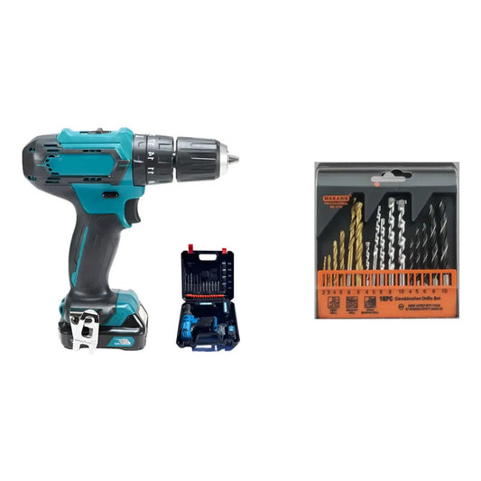 Kit Herramientas: Taladro Inalámbrico Portátil Recargable Azul + Juego Brocas 16 Piezas