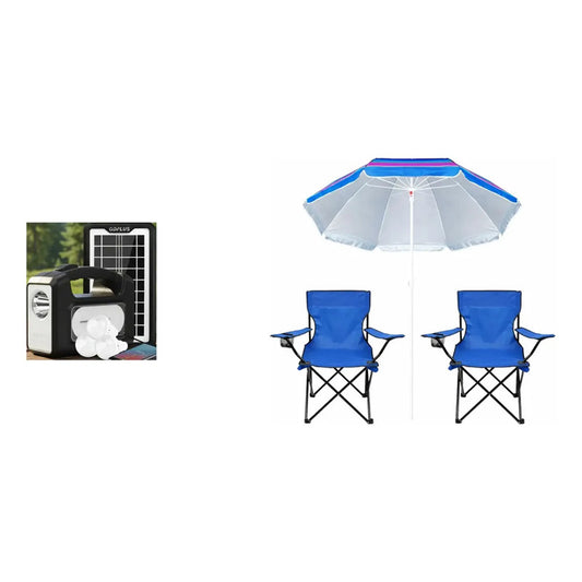 Kit Camping: Luz Emergencia Solar+cargador Usb+3 Ampolletas Blanco Frío + 2 Sillas + Quitasol