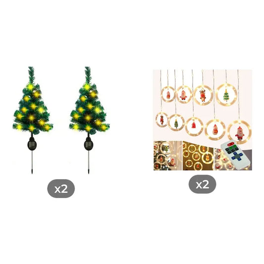 Kit Navidad: 2 Estacas Solares Árbol Luz Cálida + 2 Guirnaldas Led Aros Usb 3m Cálida