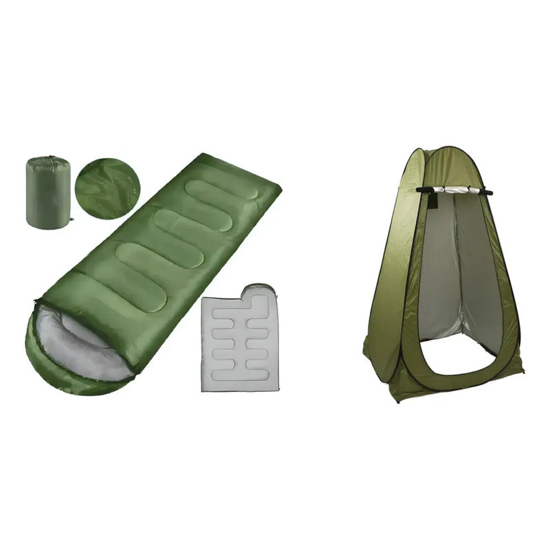 Kit Camping: Saco De Dormir Portátil Azul 950g + Caseta Baño Vestidor Portátil Verde
