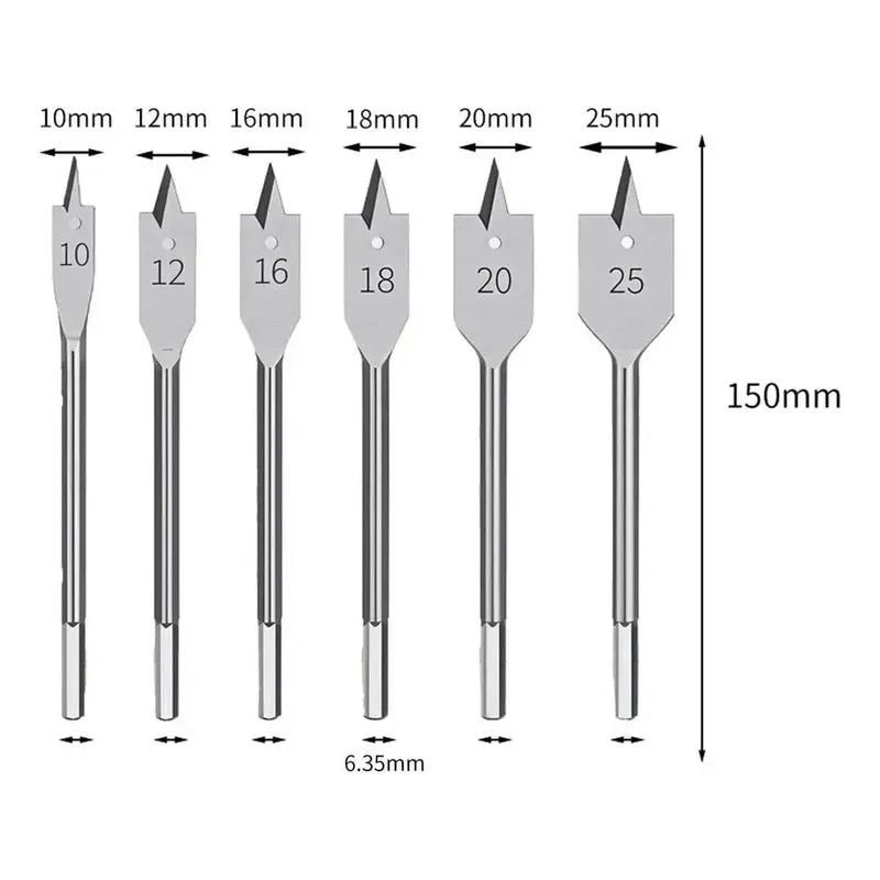 Set De Brocas Planas Para Madera 6 Pzas, 10 12 16 18 20 25mm