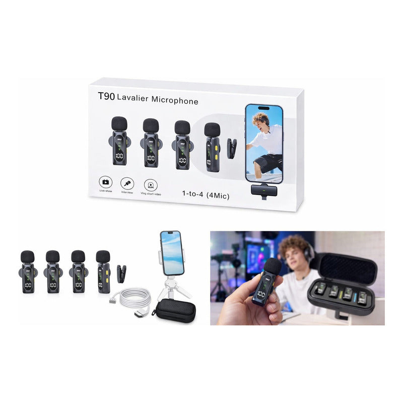 Pack X4 Microfonos De Contenido Bluetooth Lavalier Inalámbri Negro