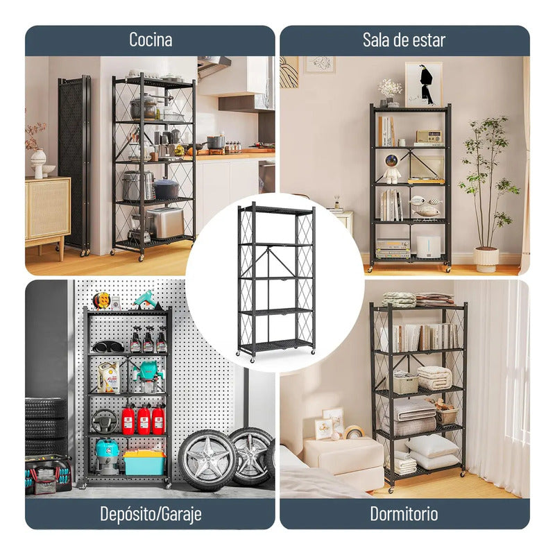 Estanteria Plegable Metalica 5 Estantes Con Ruedas Rack Negr Negro