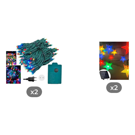 Kit Navidad: 2 Guirnaldas 100 Led Multicolor 10 M + 2 Guirnaldas Estrellas Led Solar Multicolor
