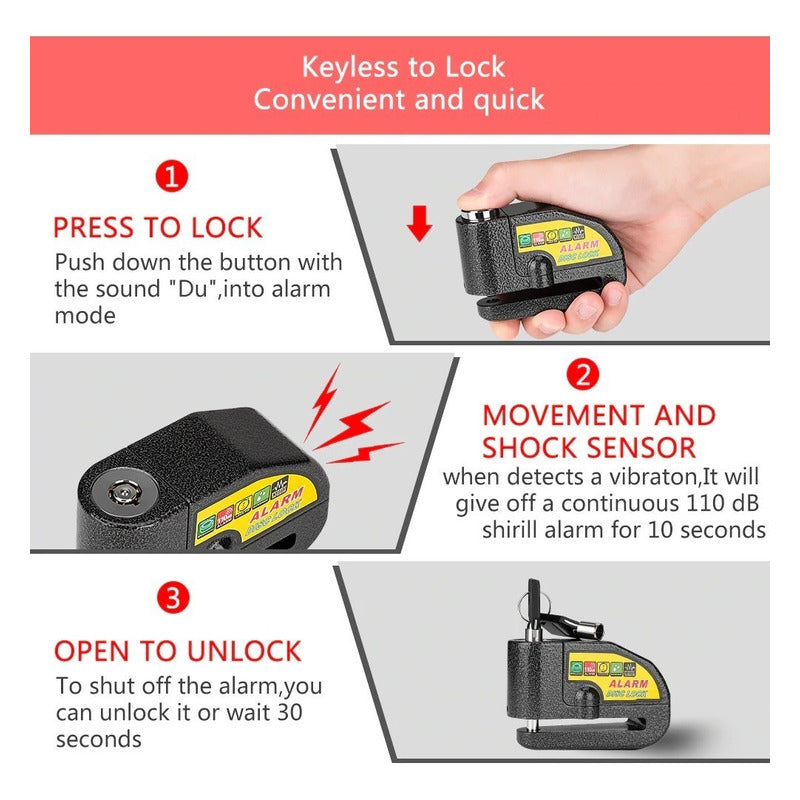 Candado Alarma Moto Bicicleta Scooter Reforzado Antirobo Negro