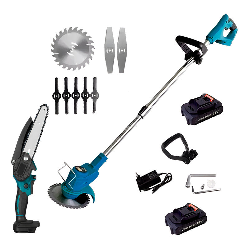 Kit 2 En 1 Cortadora De Pasto + Mini Moto Sierra Inalámbrica Azul Acero