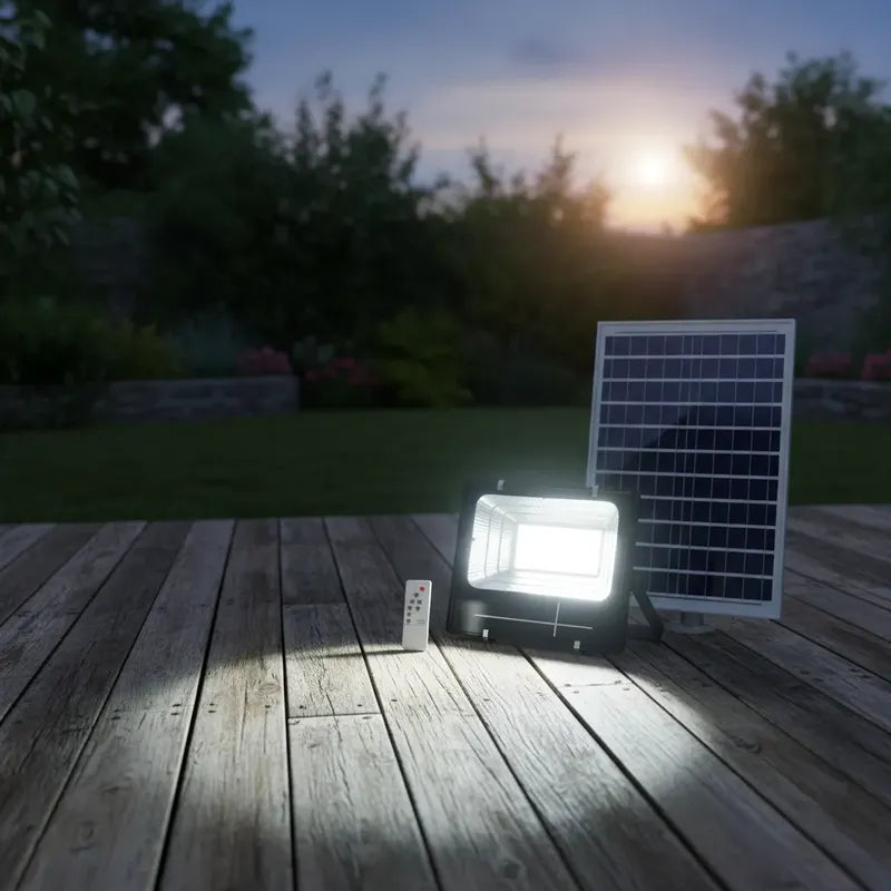 Lampara Foco Solar 100w + Panel Solar Y Control Remoto Negro Blanco Frío