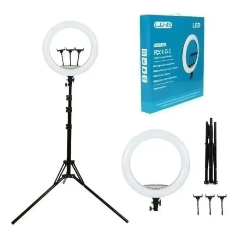 Aro De Luz Profesional Led 44cm + Trípode + 3 Soporte Telef Negro Blanco Frío