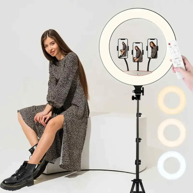 Aro De Luz Profesional Led 44cm + Trípode + 3 Soporte Telef Negro Blanco Frío