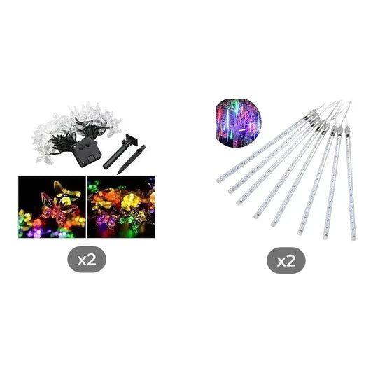 Kit Iluminación Solar: 2 Guirnaldas Mariposa Led 5m Multicolor + 2 Tubos Lluvia Meteoritos Blanco Cálido