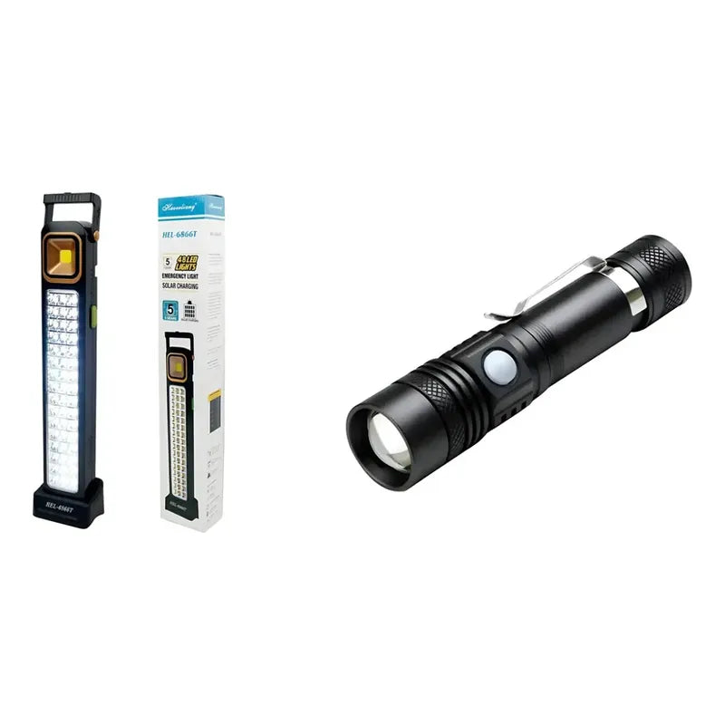 Kit Outdoor: Lampara Solar Foco Emergencia 48 Led + Linterna Led 3000 Lumens Zoom Resistente Lluvia
