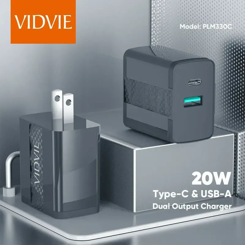 Cargador Vidvie Carga Rapida Tipo-c Dos Puertos 1 Mt Negro