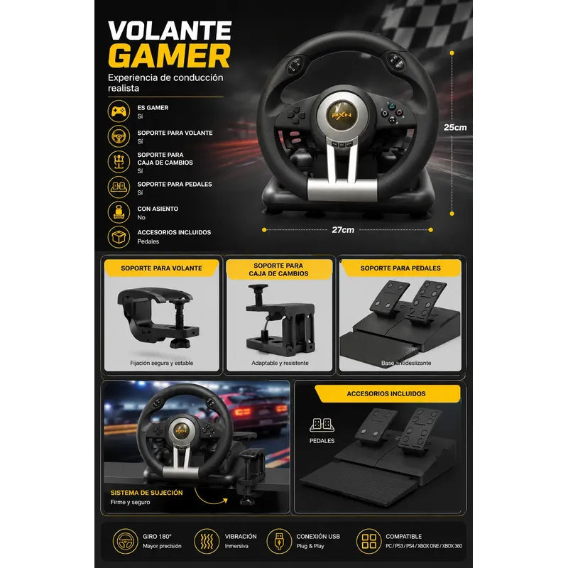 Volante Para Juegos 3 Por 1 Timon Palanca Pedales Pxn V3 Pro Negro