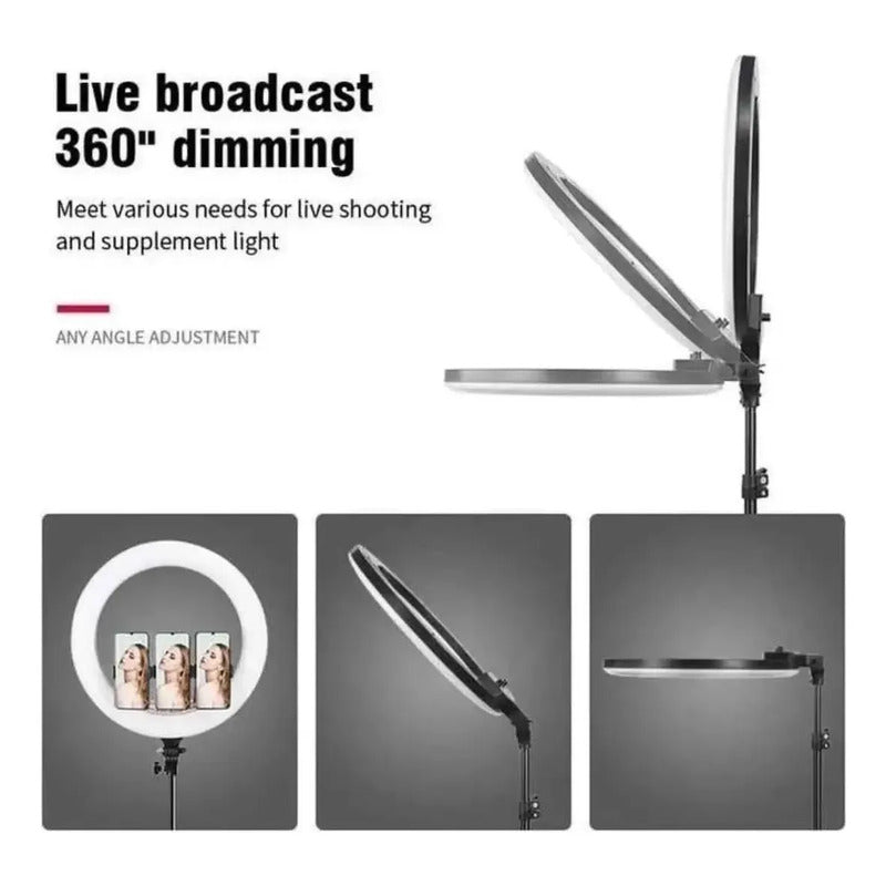Aro De Luz Profesional Led 44cm + Trípode + 3 Soporte Telef Negro Blanco Frío