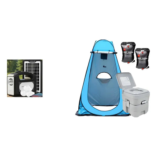 Kit Camping: Luz Emergencia Solar Usb 3 Ampolletas Blanco Frío + Carpa Baño Vestidor + 2 Duchas 40l