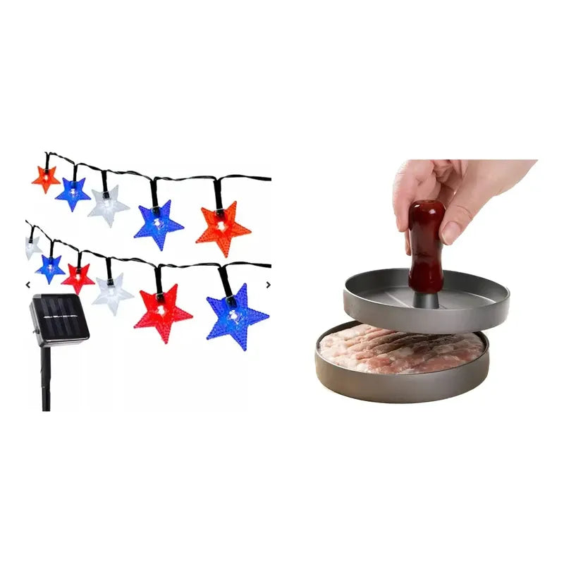 Kit Parrillero: Guirnalda Solar Led Azul 10mts + Prensa Para Hamburguesas Antiadherente Aluminio