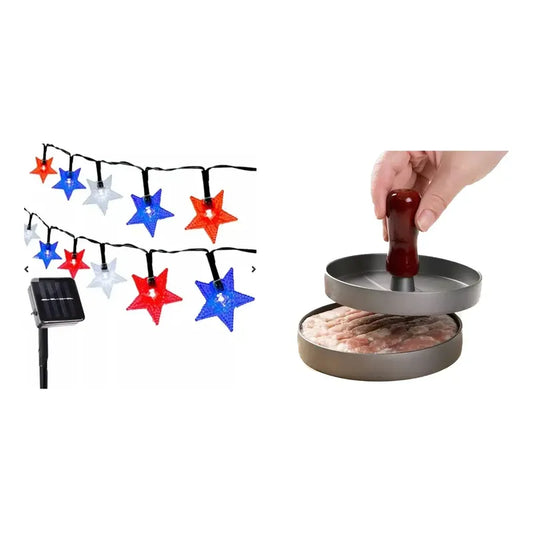 Kit Parrillero: Guirnalda Solar Led Azul 10mts + Prensa Para Hamburguesas Antiadherente Aluminio