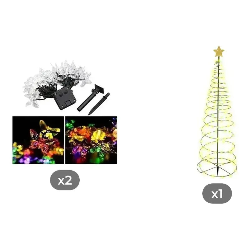 Kit Navidad Solar: 2 Guirnaldas Mariposa Led Multicolor 5m + Estaca Árbol Led Amarilla 85cm