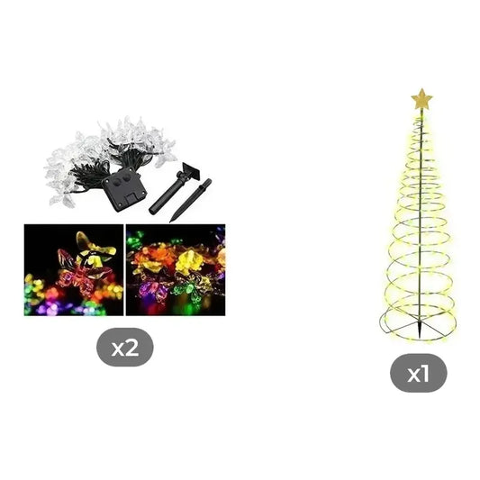 Kit Navidad Solar: 2 Guirnaldas Mariposa Led Multicolor 5m + Estaca Árbol Led Amarilla 85cm