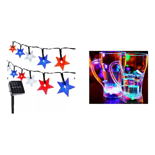 Kit Luminoso: Guirnalda Solar Led Decorativa Azul 10mts + Pack 4 Vasos Luminosos Led Colores