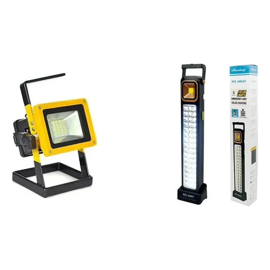 Kit Iluminación: Foco Led Trabajo 100w Recargable 12v/220v + Lámpara Solar Emergencia 48 Led